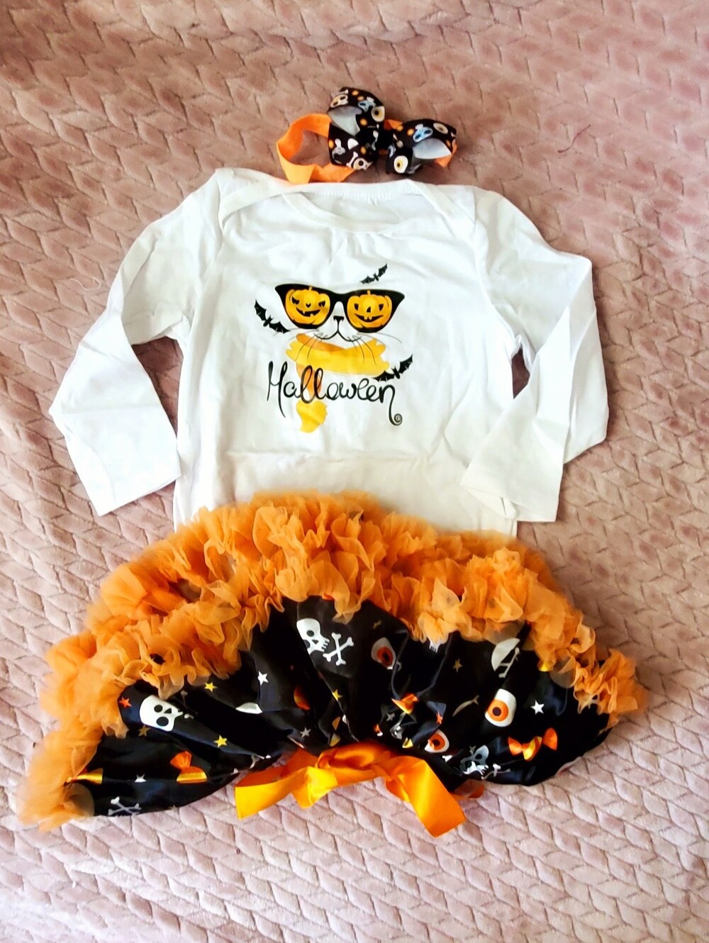 NWT Girls Halloween pumpkin tutu Outfit headband Set Sz 24 M
